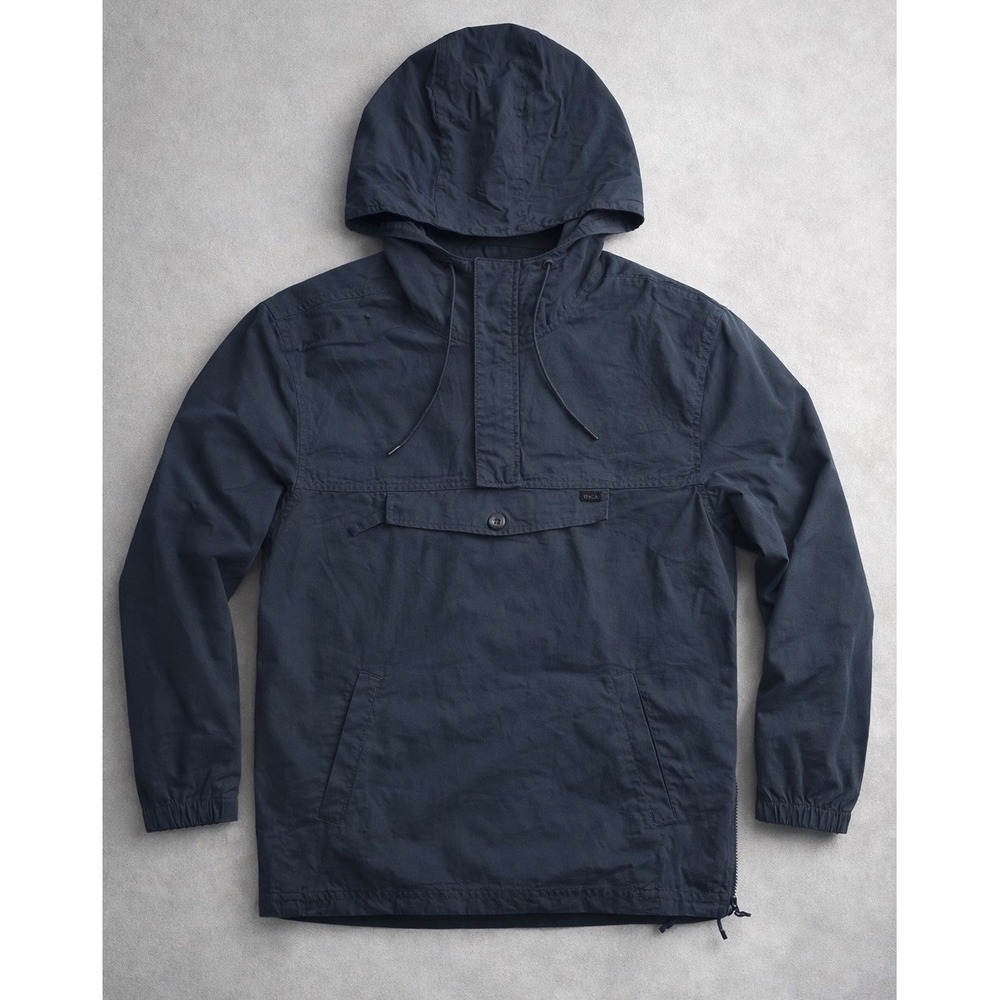 RVCA On Point Anorak Pullover Hooded Mens M 1/4 Zip Windbreaker Jacket Blue
